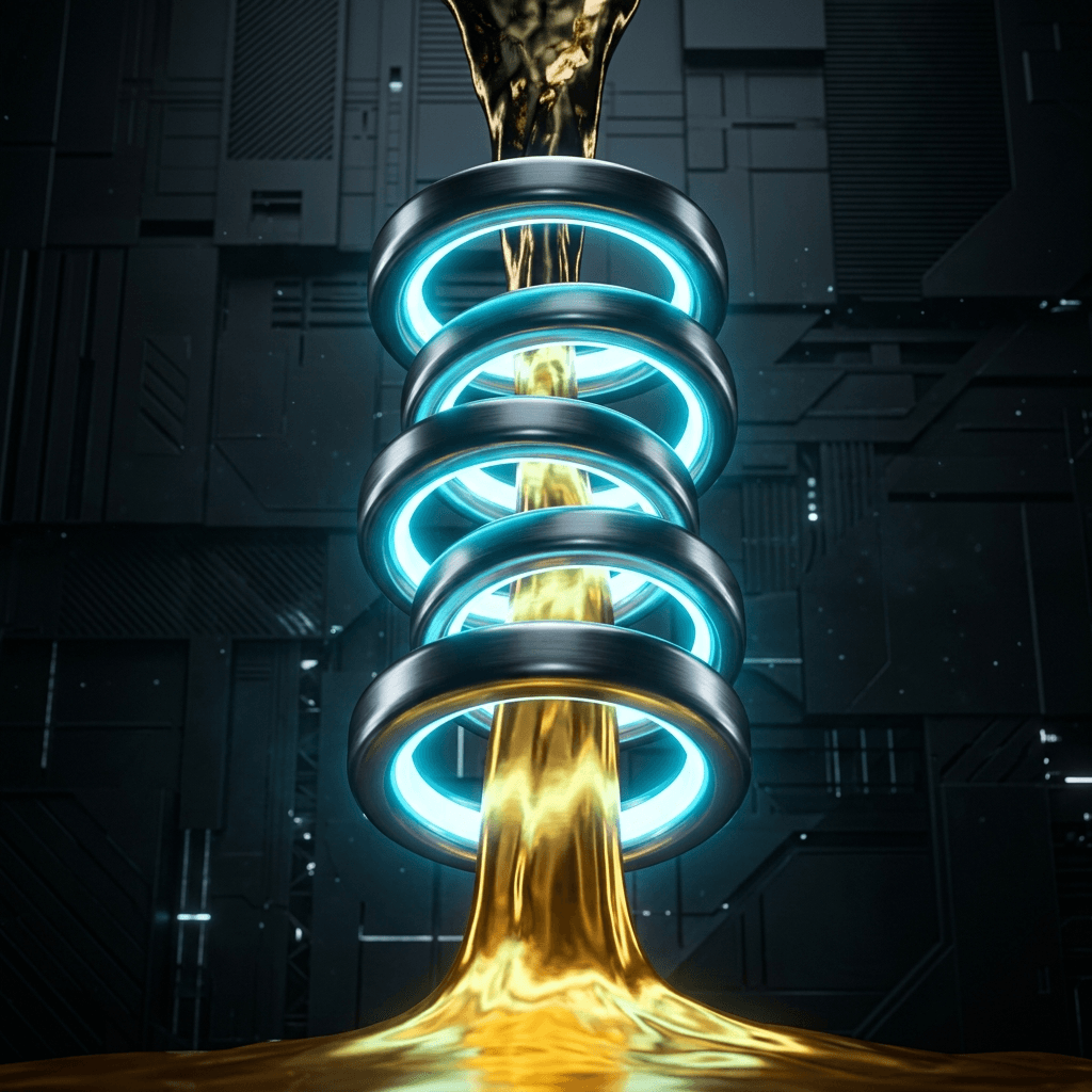 Abstract 3D render of five perfectly glowing, sleek metallic interlocking rings acting as a high-tech filter membrane.
