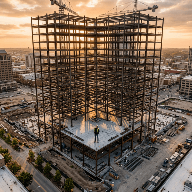 A lone figure in a hardhat stands on an elevated floor of a steel-framed building under construction at golden hour, surveying the ambitious structure rising around them