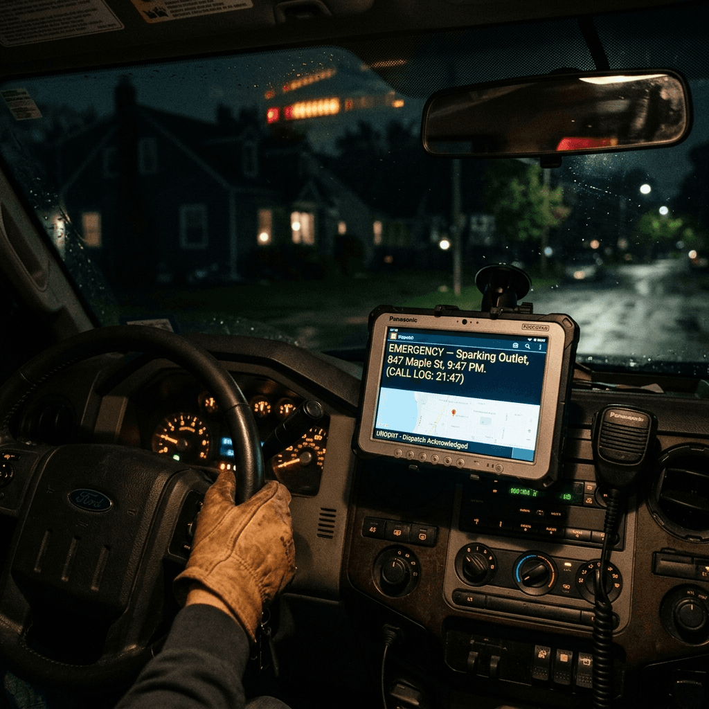 Electrician service truck cab at night — dispatch tablet sharply in focus showing EMERGENCY — Sparking Outlet, 847 Maple St, 9:47 PM. Work-gloved hand on the steering wheel. Residential neighborhood through the rain-spotted windshield. The mood: competence in motion, the professional who answered when others did not.