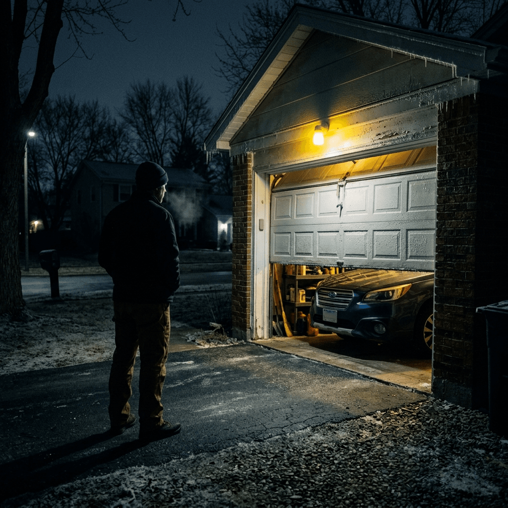 Residential garage door frozen half-open in early morning darkness, car trapped inside, dim garage light illuminating scene, homeowner silhouette at edge of frame, dark driveway and quiet street