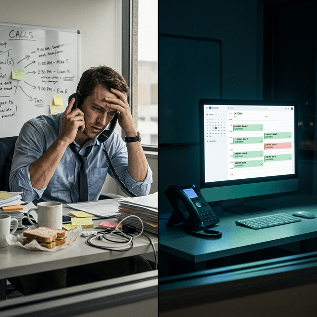 Split scene: a stressed sales rep head-in-hand at a chaotic desk with a calls whiteboard on the left, and a quiet empty office with a calendar full of auto-confirmed bookings glowing on a screen at night on the right
