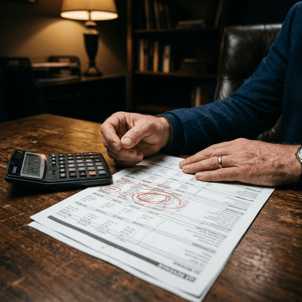 Business owner hands on wooden desk with a calculator to the left, financial spreadsheet with numbers circled in red pen in the center, warm desk lamp light — the moment after calculating a number no one wanted to see