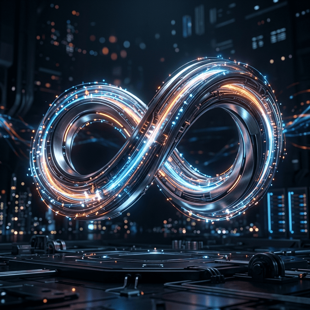 Abstract glowing infinity loop representing zero friction and perpetual dispatch delivery momentum.