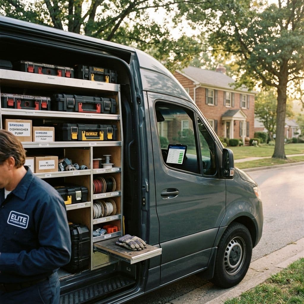 Appliance repair technician van with organized tool cases parked outside a suburban home at morning light
