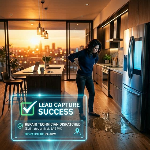 Cinematic kitchen refrigerator leak with hologram notification