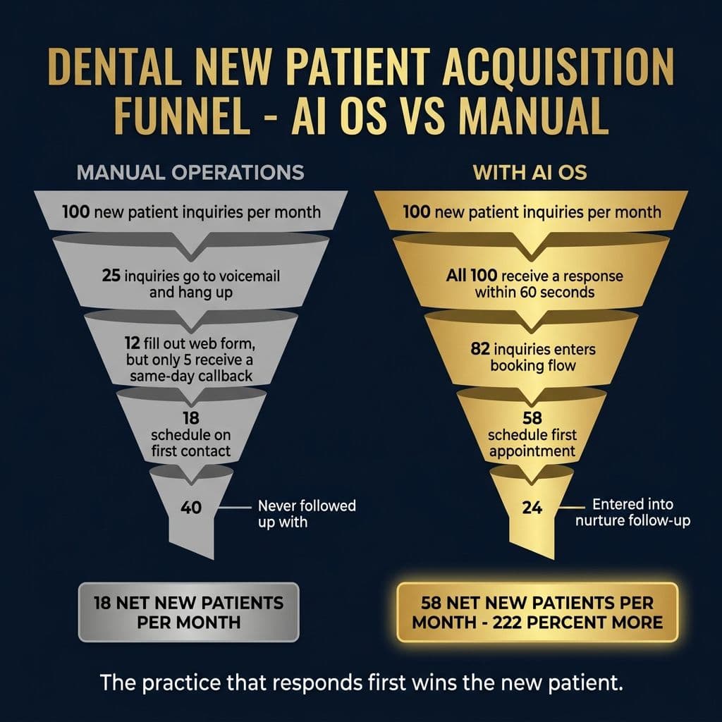 Dental New Patient Acquisition Funnel - AI OS vs Manual: 18 vs 58 net new patients per month, 222% more