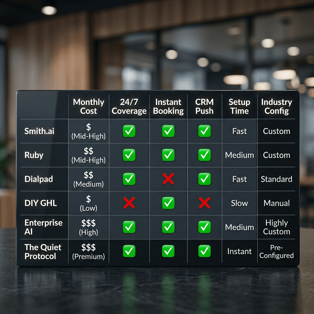AI receptionist comparison table 2026 — cost, coverage, booking, CRM, and setup time