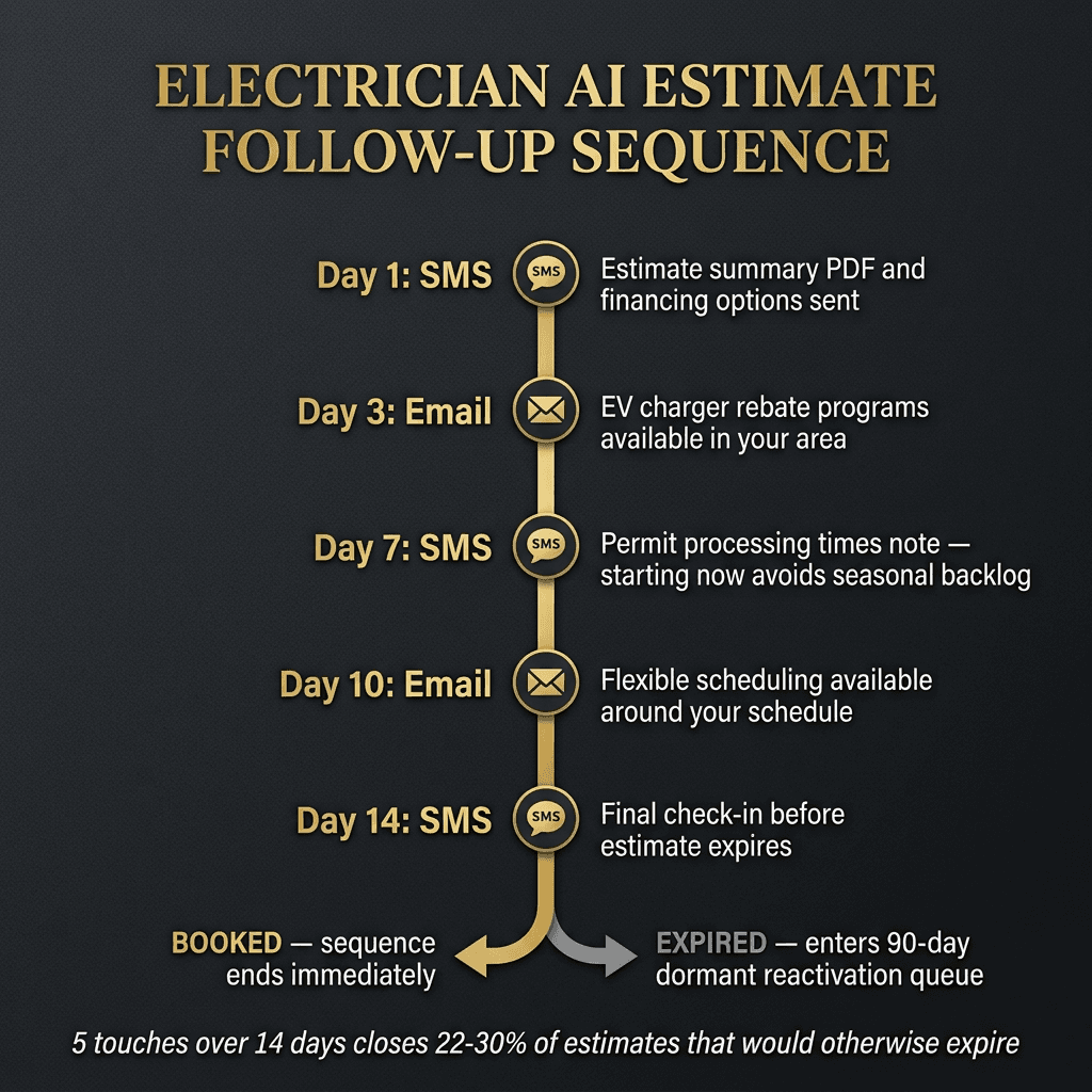 Electrician AI Estimate Follow-Up Sequence — 5-touch timeline. Day 1 SMS: estimate PDF and financing. Day 3 Email: EV charger rebate programs. Day 7 SMS: permit processing window note. Day 10 Email: flexible scheduling. Day 14 SMS: final check-in. Exits: BOOKED (gold) or EXPIRED (grey, 90-day dormant queue). Caption: 5 touches over 14 days closes 22-30% of estimates that would otherwise expire.