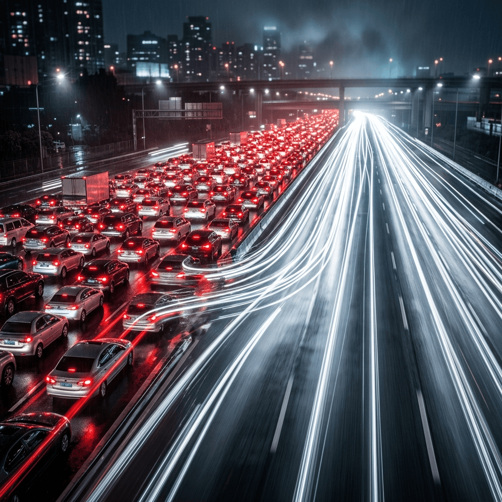 Abstract visual of dense red traffic congestion dissolving instantly into high-speed pure white logic lines.