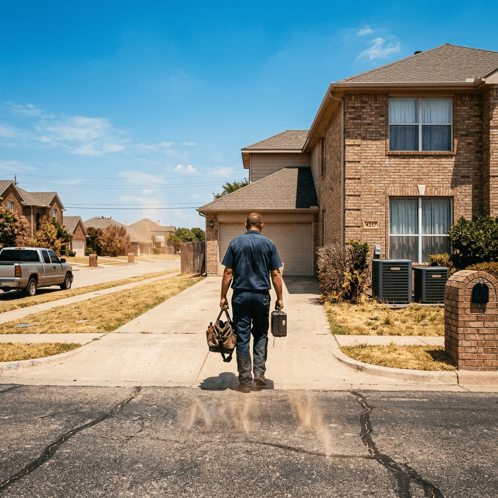HVAC technician walking toward a Dallas suburban home in brutal summer heat, condensing units visible beside the house, heat shimmers rising from asphalt under a blazing Texas blue sky
