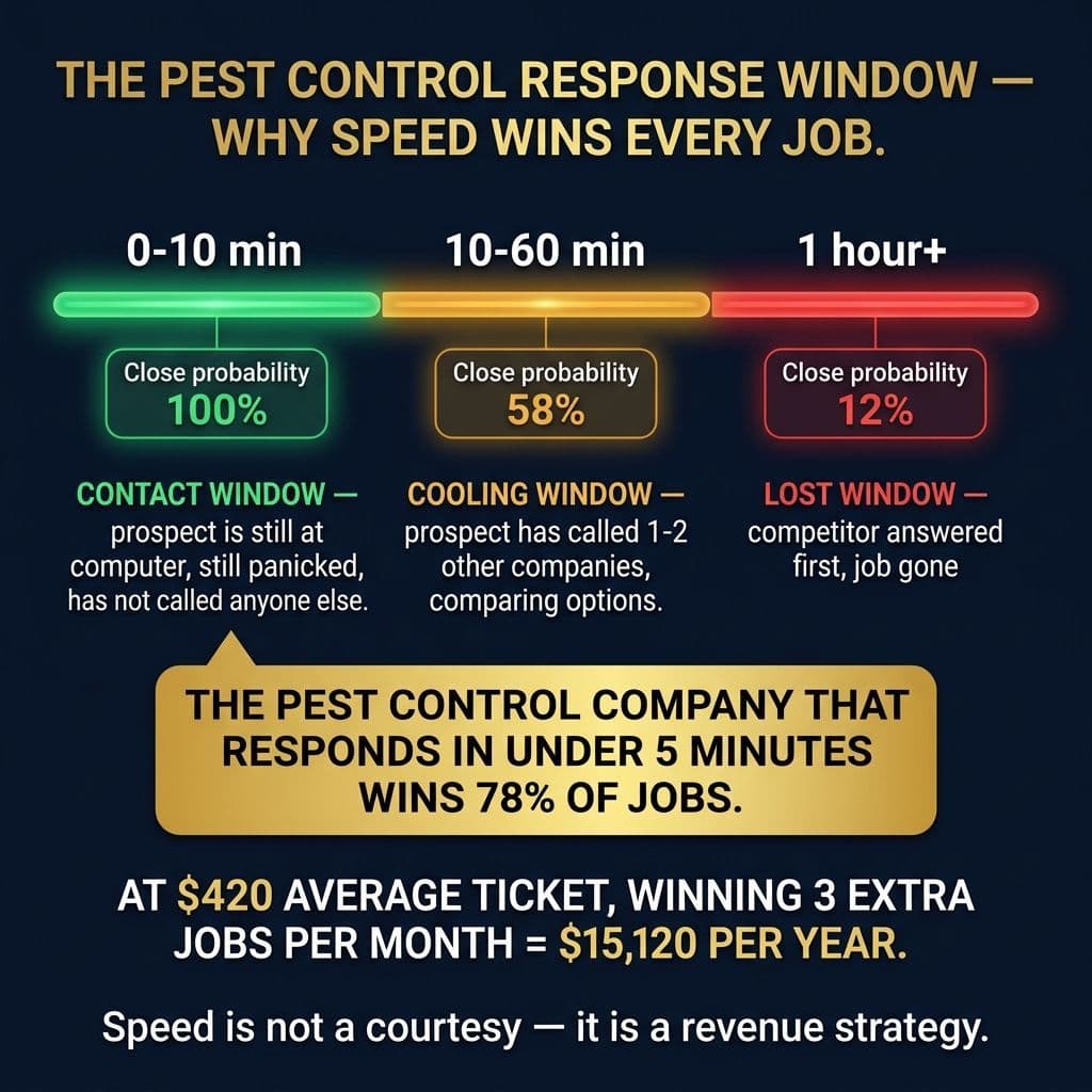 The Pest Control Response Window — 3 zones: 0-10 min Contact Window (100% close probability), 10-60 min Cooling Window (58%), 1 hour+ Lost Window (12%). Responding in under 5 minutes wins 78% of jobs.