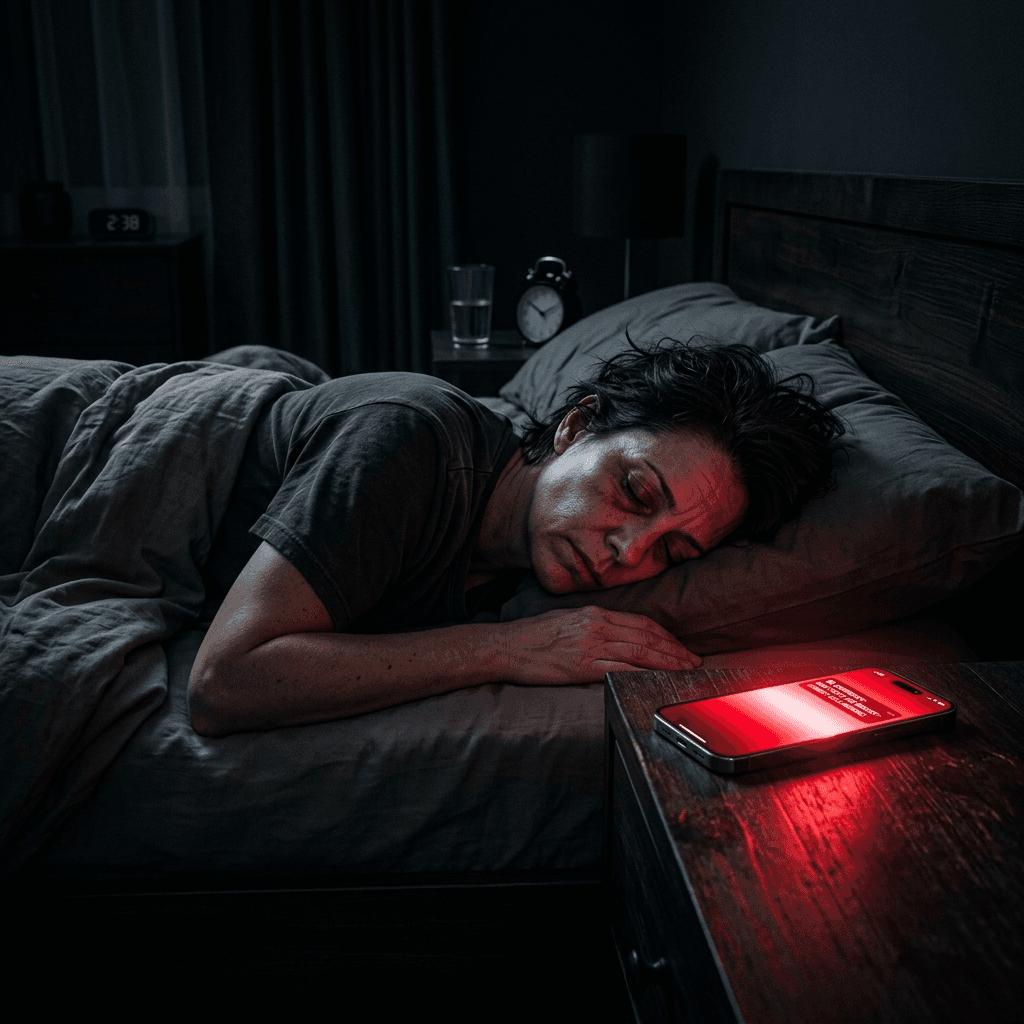 Cinematic portrait of an exhausted sleeping business owner missing a high-ticket emergency call flashing brightly in the dark.