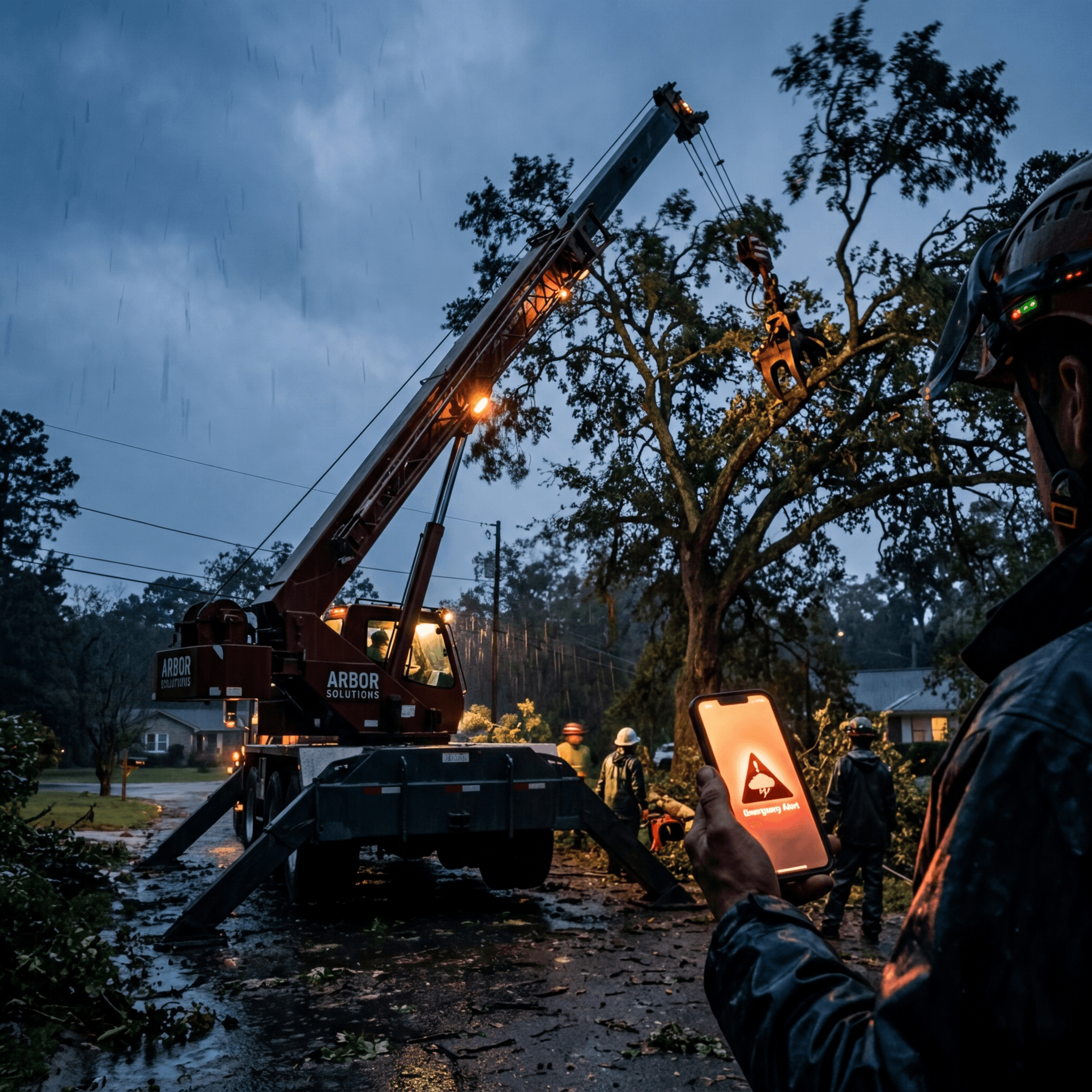 Cinematic shot of tree service crane after storm with emergency lead notification