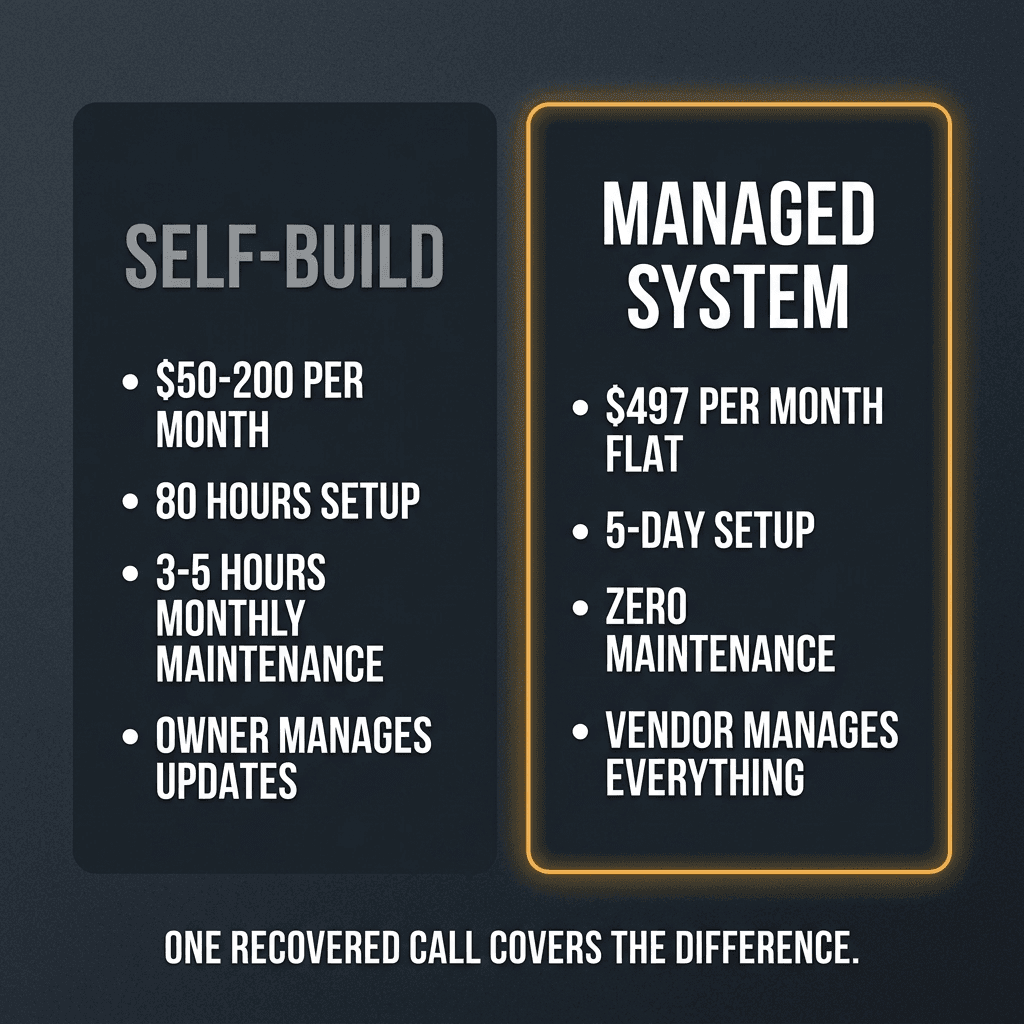 Self-build vs managed voice AI comparison for trades businesses: cost, setup time, and ongoing maintenance