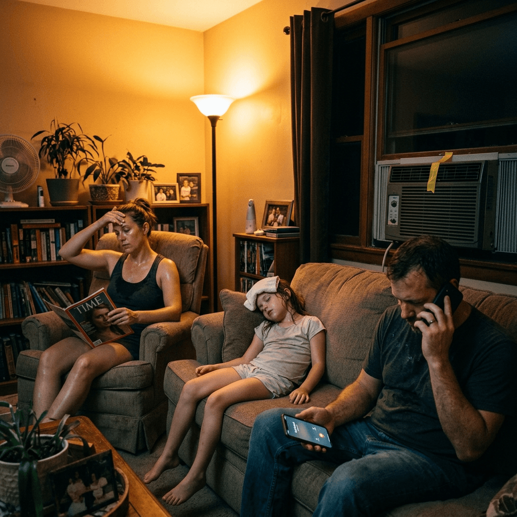 Family in a sweltering living room on a summer night with a broken window AC unit, father on the phone trying to reach an HVAC company