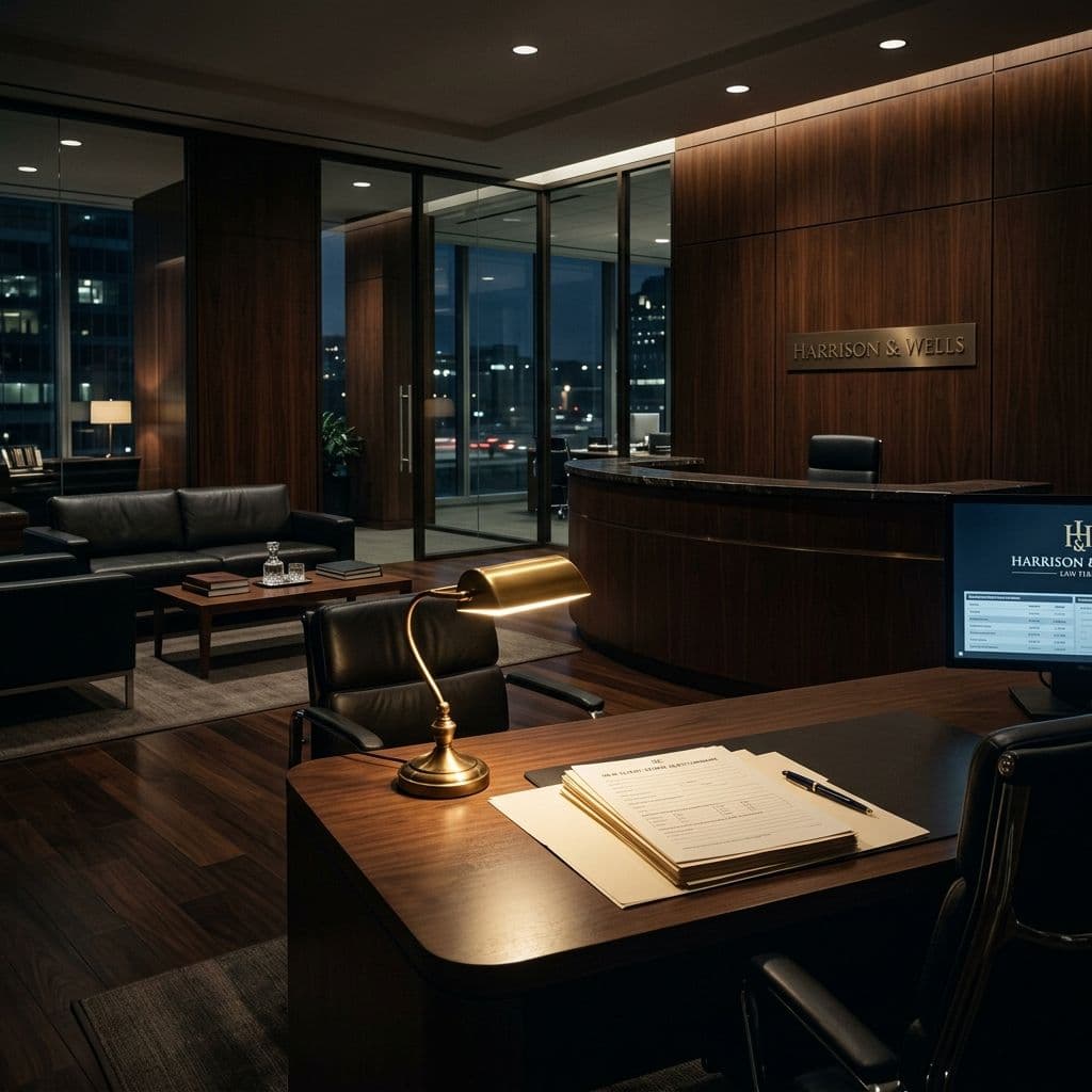 Cinematic dark editorial photograph of a law firm reception area at night