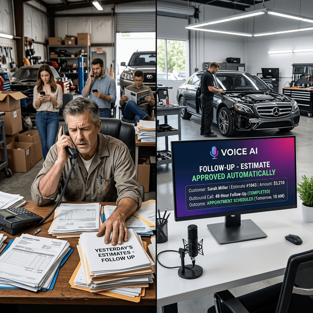 Split scene in an auto body collision repair shop: On the left, a frustrated shop owner buried in paperwork ignoring ringing phones. On the right, a Voice AI dashboard confirming a $3,210 estimate was approved automatically via an outbound follow-up call.