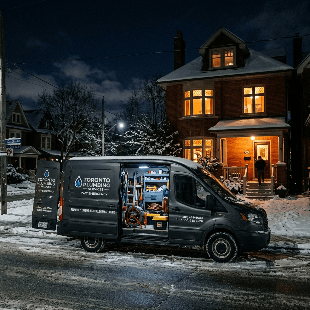 Cinematic winter night shot of a plumbing van on a snowy GTA street