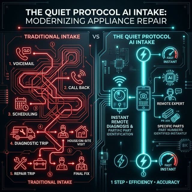 Technical circuit board infographic of AI vs traditional intake