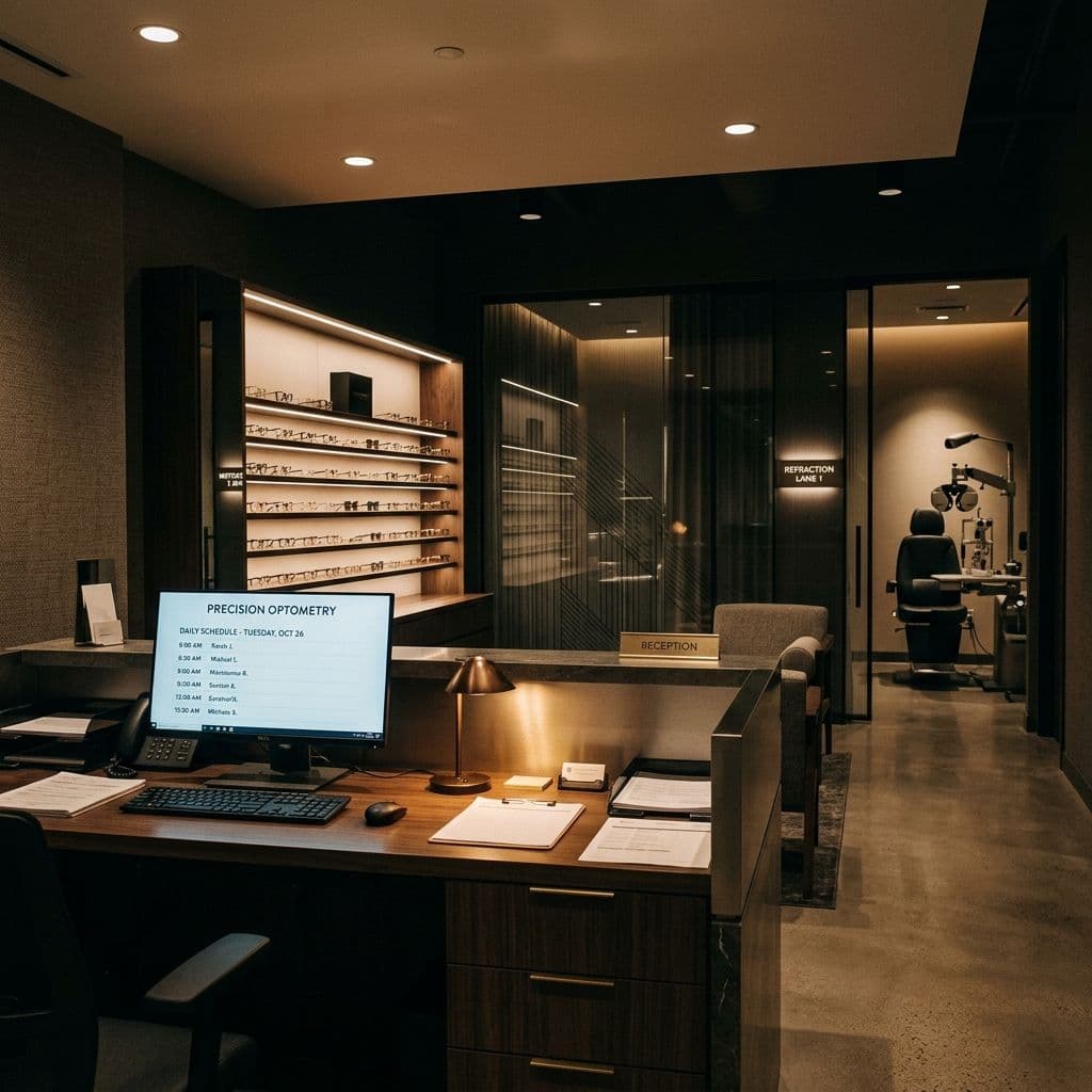 Cinematic dark editorial photograph of a modern optometry practice reception area in the early morning — clean front desk with an appointment schedule visible on a monitor, a display of eyeglass frames softly lit in the background, warm overhead lighting, a refraction lane corridor visible through a glass partition. No face visible. Conveys clinical precision, warmth, and systematic operational readiness.