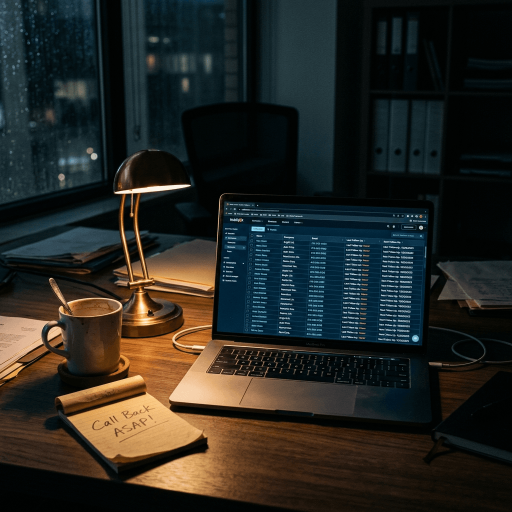 Cinematic moody editorial photograph: a dark office desk at night with a laptop showing a glowing CRM contact list with hundreds of rows of names and Last Follow-Up Never visible in columns, a cold forgotten cup of coffee, and a sticky note saying Call Back ASAP, with a warm amber desk lamp that does not reach the screen, conveying dormant potential and invisible revenue sitting untouched
