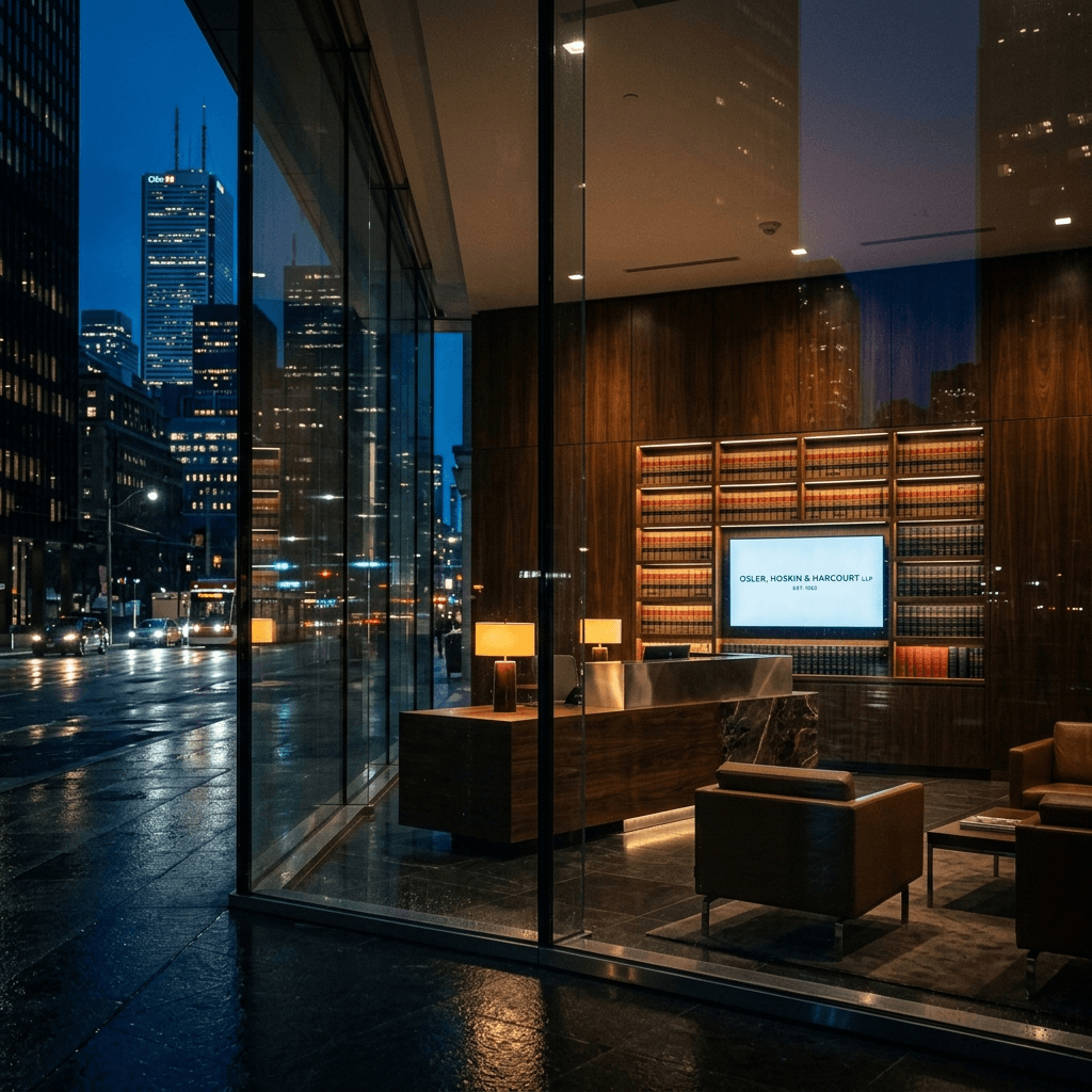 High-fidelity cinematic view of a Toronto law firm reception area at dusk