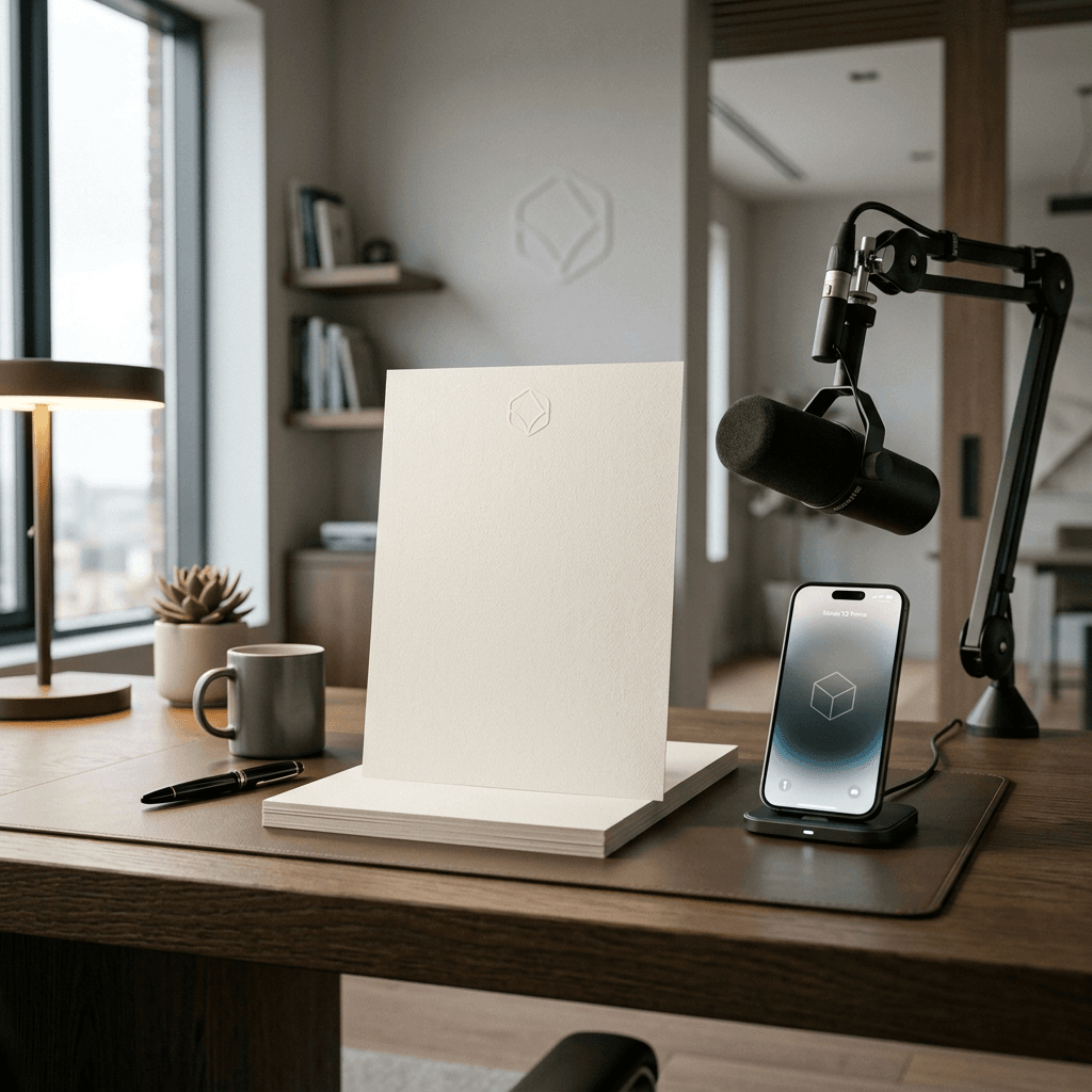 Cinematic visual of luxury brand letterhead next to a smartphone and microphone, representing unified voice across touchpoints.