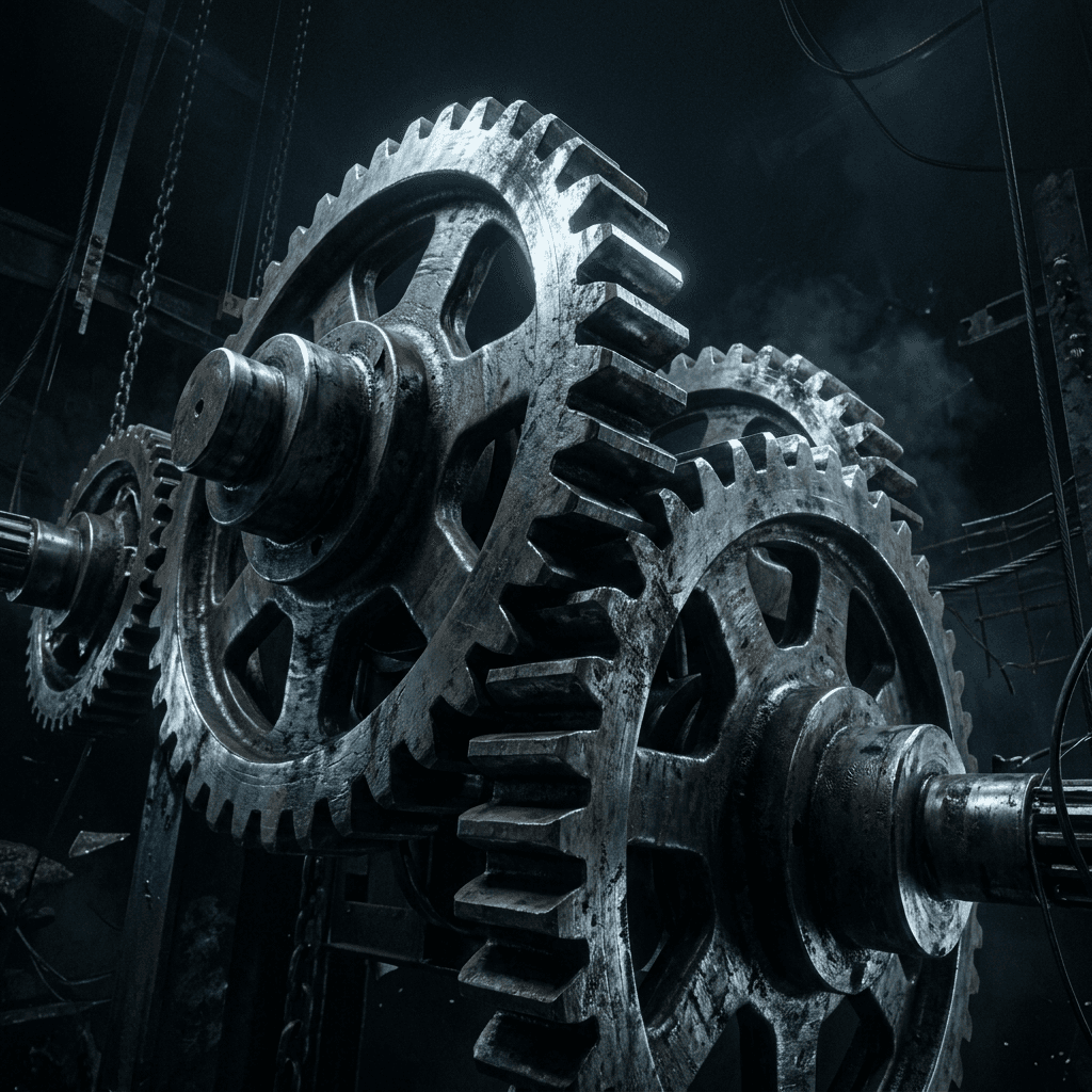 Cinematic visual of massive metallic gears turning in a void representing heavy mechanical industrial power.