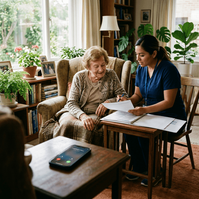 An elderly woman in an armchair with a caring home health aide reviewing paperwork beside her while a smartphone on a nearby table shows a missed call notification