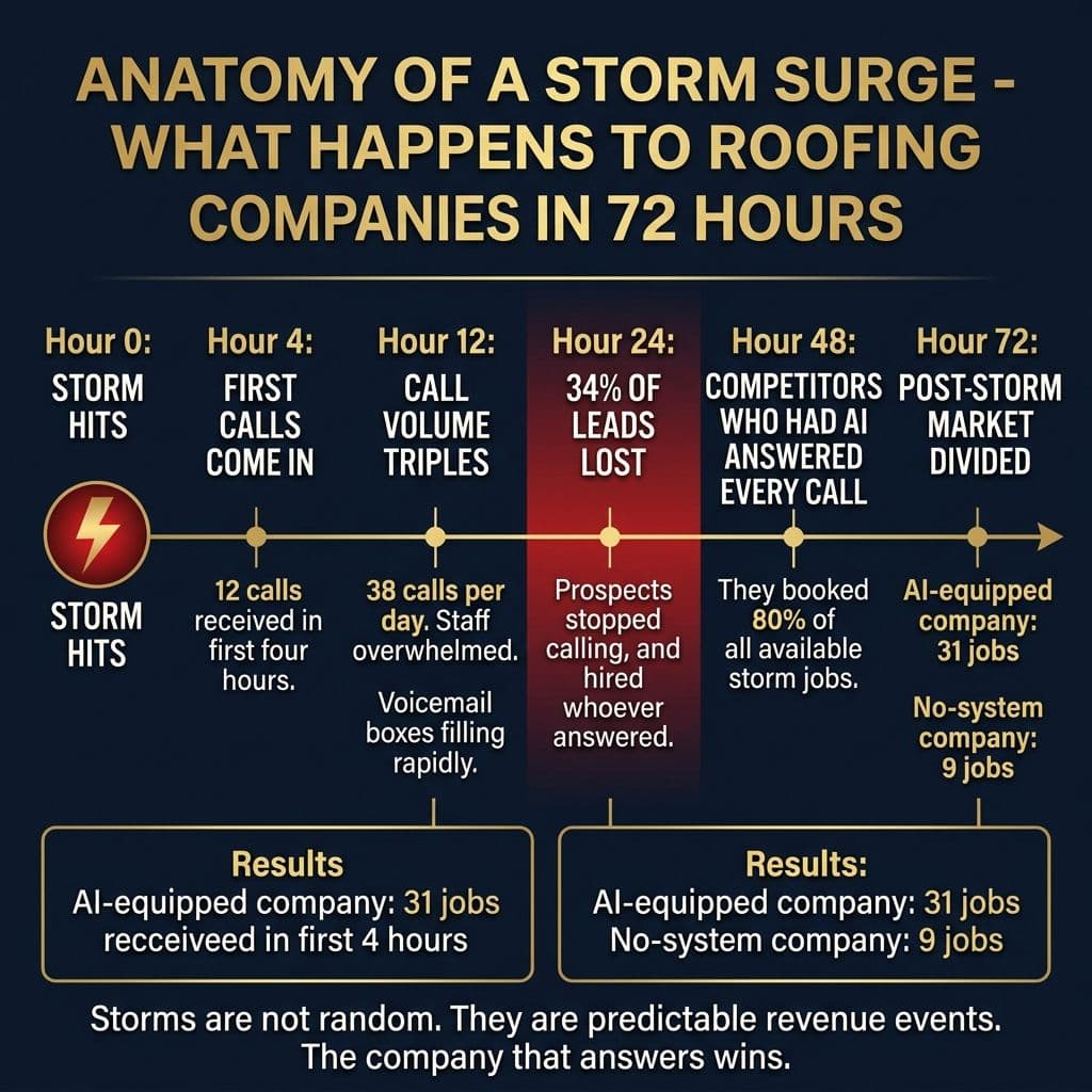 Anatomy of a Storm Surge - 72-hour timeline showing how roofing companies win or lose the post-storm market