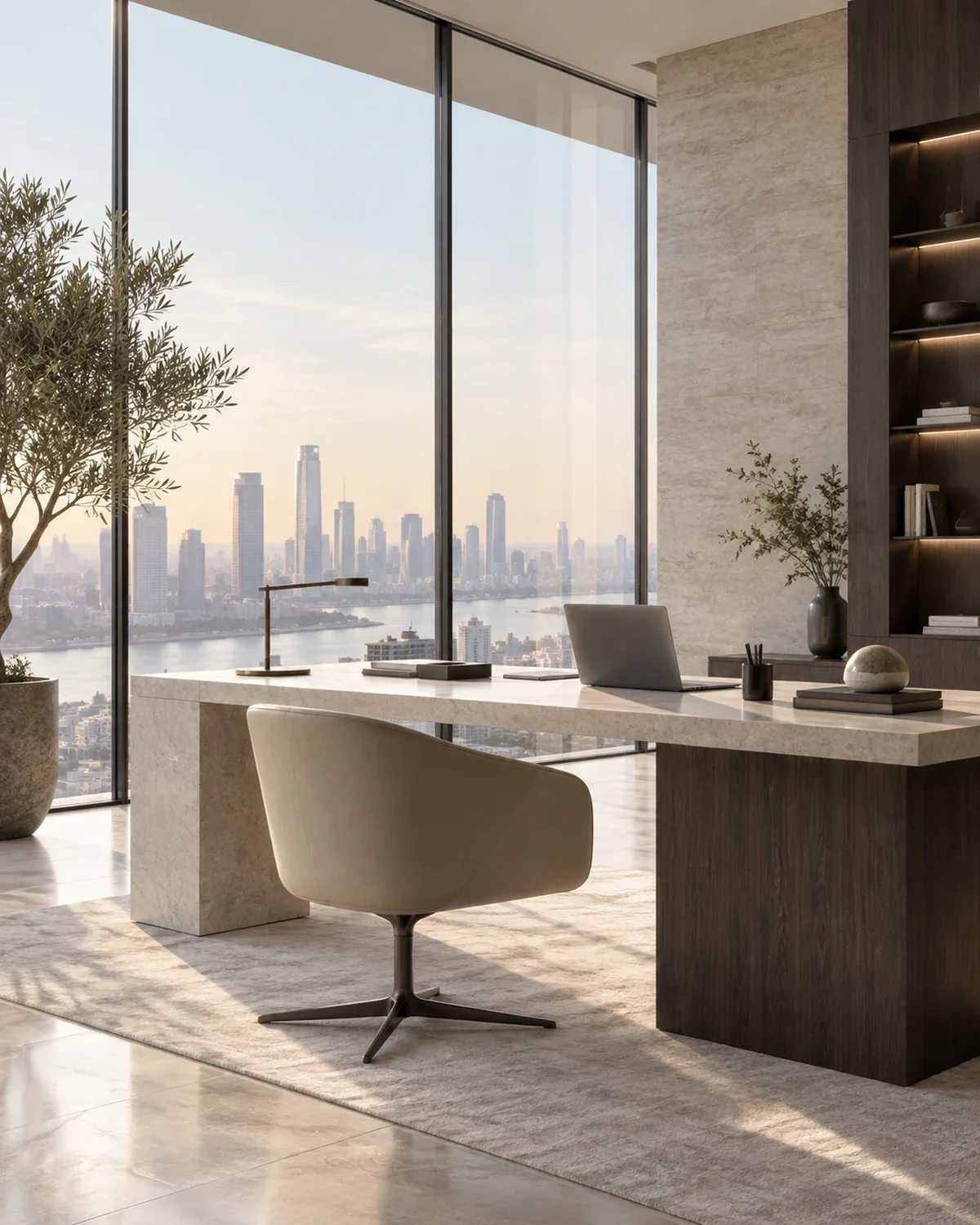 A calm, light-filled advisory office overlooking the city