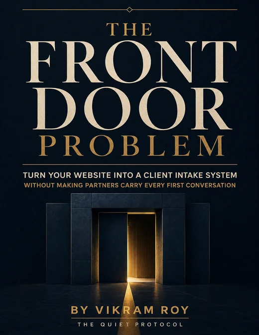 The Front Door Problem by Vikram Roy, the accounting and CPA firms edition, a hardcover field guide with a lit doorway on a dark navy jacket.