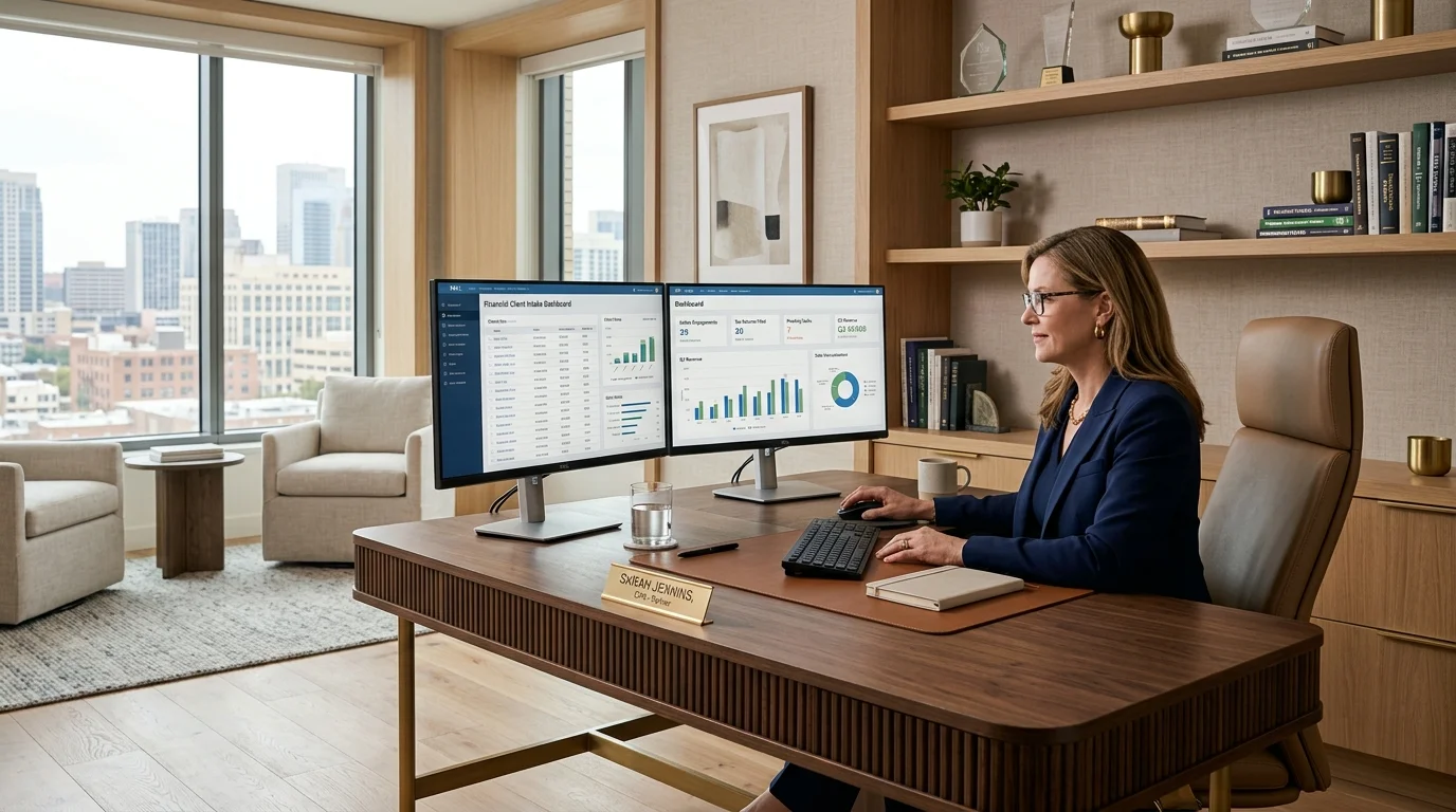 Modern CPA firm partner desk showing connected financial client intake dashboard and practice management tools