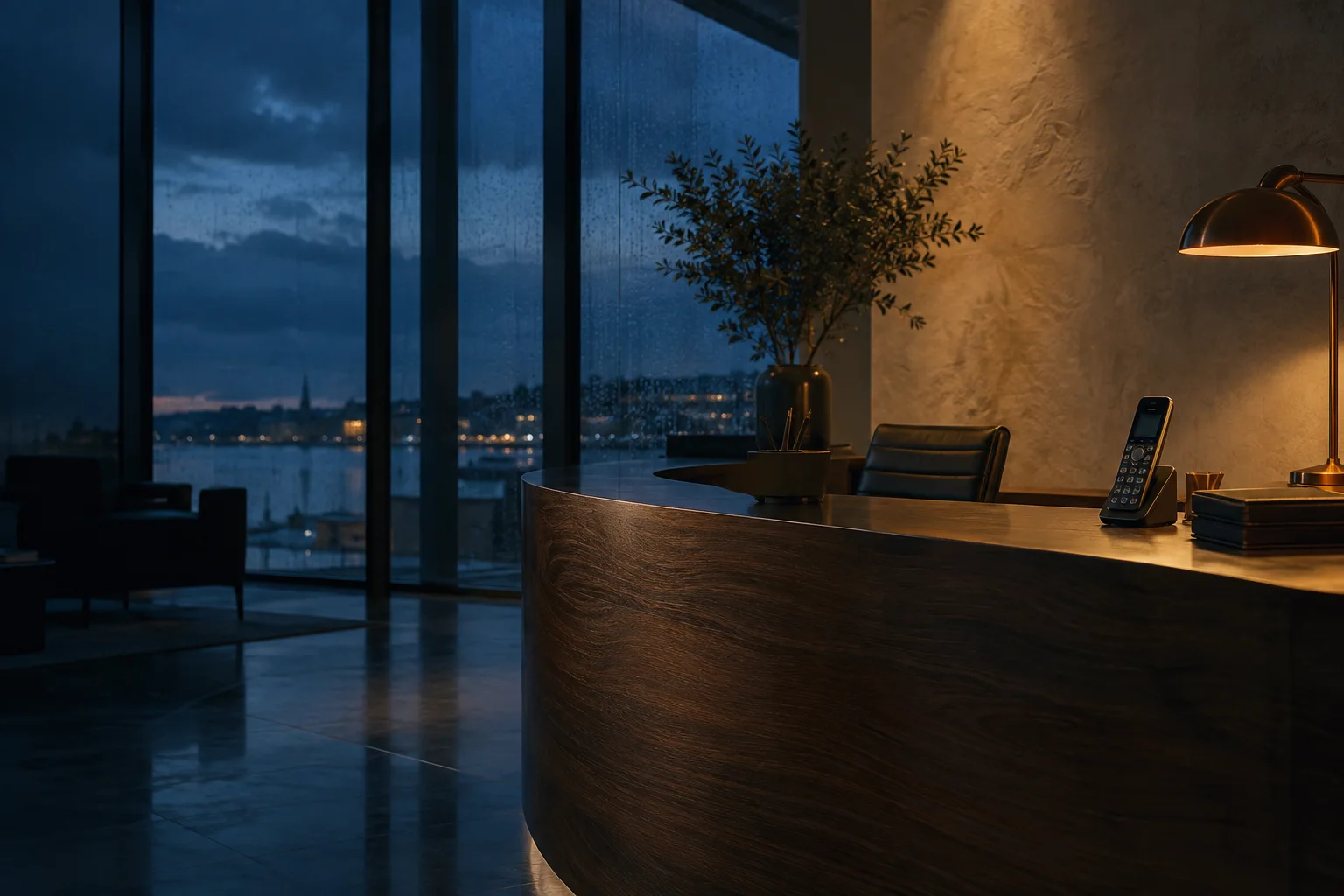 An empty reception desk with one warm lamp glowing at blue hour