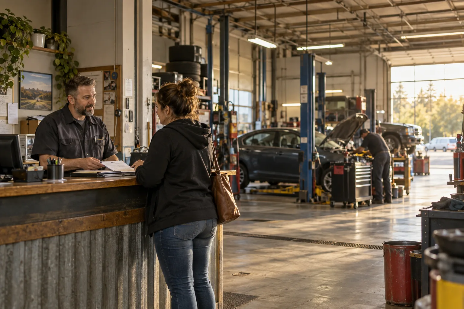 An independent repair shop: an advisor speaks with a customer while a technician works in the bay.