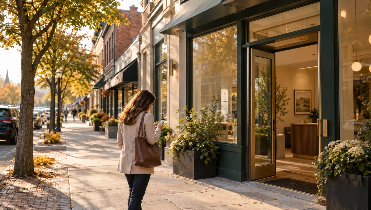 A visitor checking directions outside a neighborhood accounting office, illustrating local SEO for accountants.