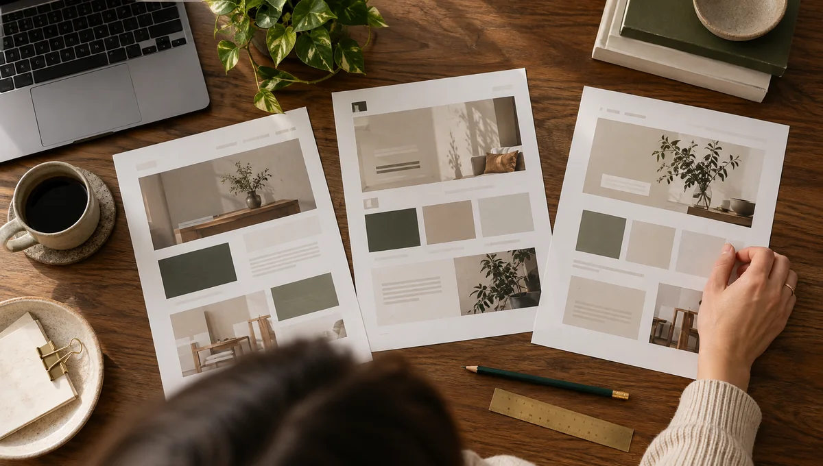 Paper website layouts being checked at a worktable for an accounting firm website checklist.