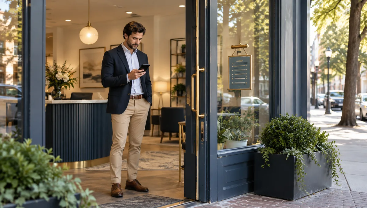 An accountant checking a phone beside the firm's street-level entrance, reflecting Google Business Profile details.