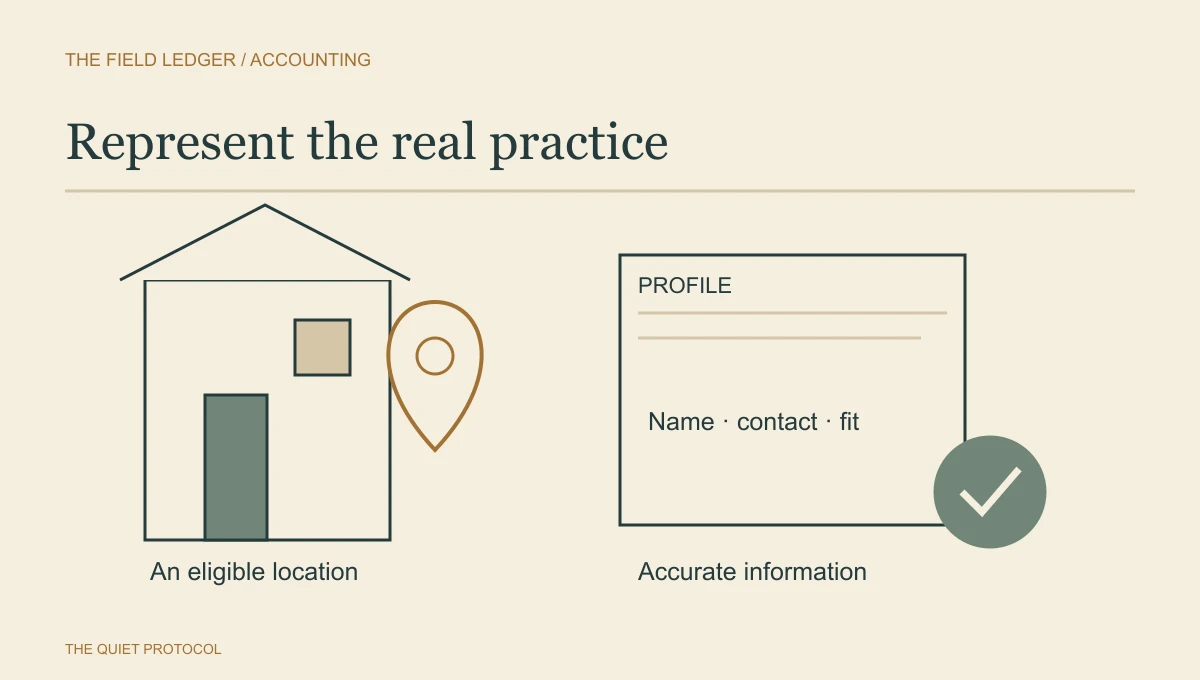 Google Business Profile for accountants inspection diagram pairing an eligible real office with accurate name, contact and service information.