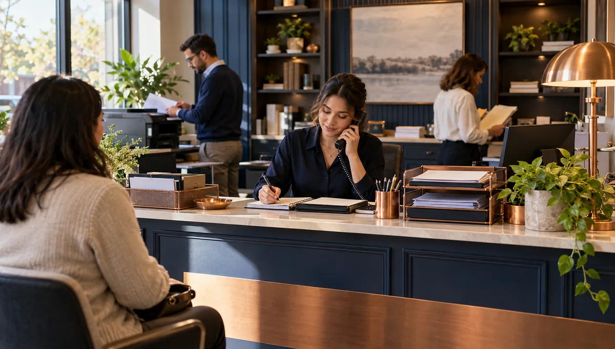 An accounting front desk handling calls, documents and visitor requests during busy season.