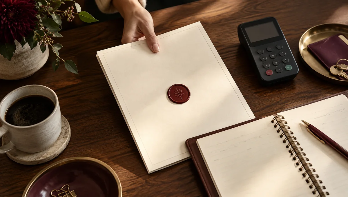 An engagement folder, payment terminal and work notebook showing the handoff compared in TaxDome vs Ignition.