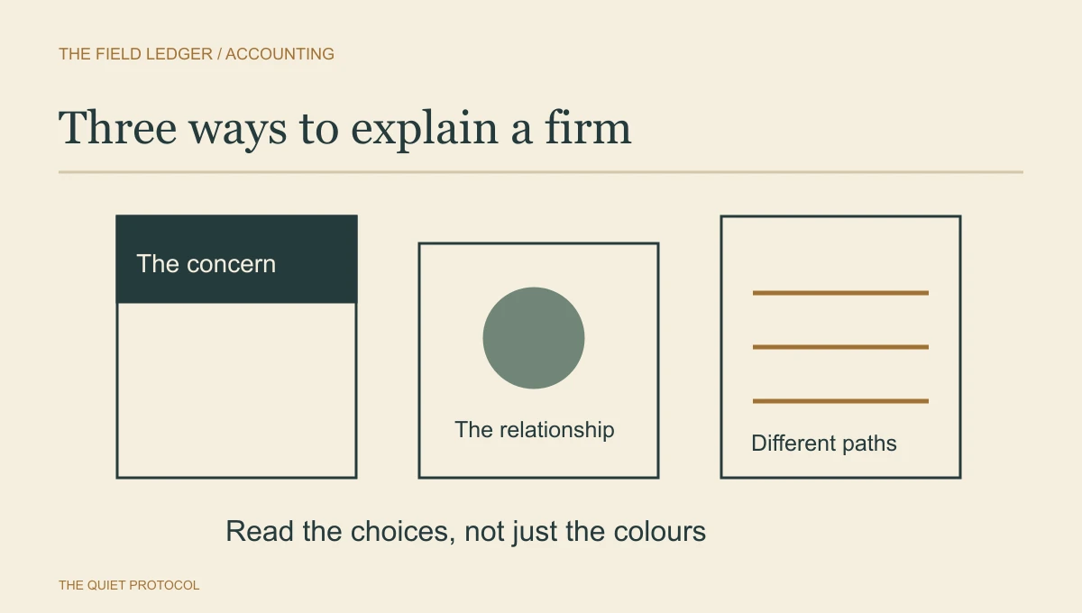 Accounting firm website examples diagram contrasting an owner's concern, the service relationship and separate audience paths across three page compositions.