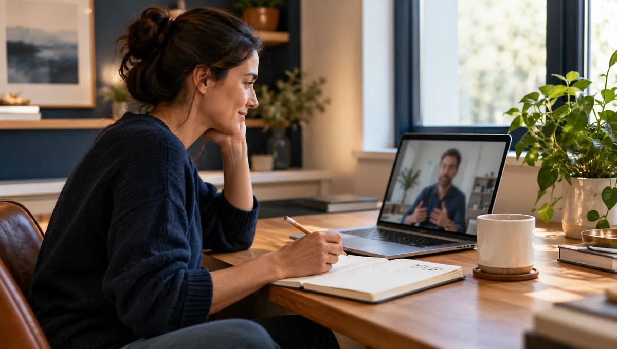 A bookkeeper listening on a discovery call with brief notes prepared for the conversation.