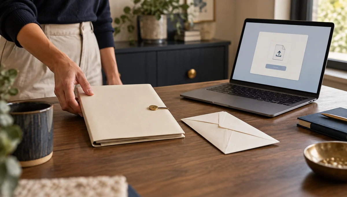 A closed document folder, email envelope and file-request screen representing accounting document channel choices.