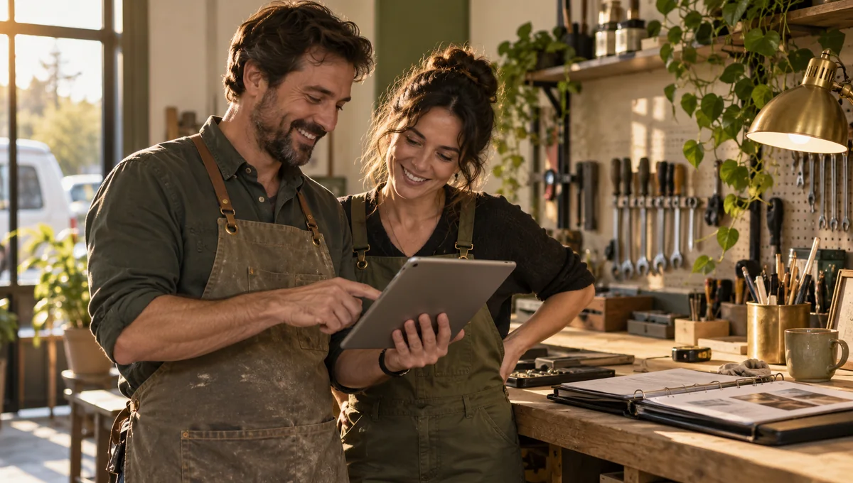 A service-business team reading customer feedback, illustrating the role of Google reviews alongside real service work.