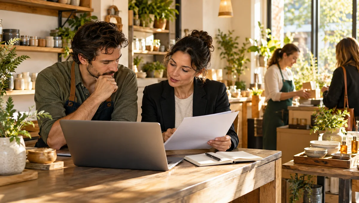 A shop owner and adviser reviewing local search work while the business continues serving customers.