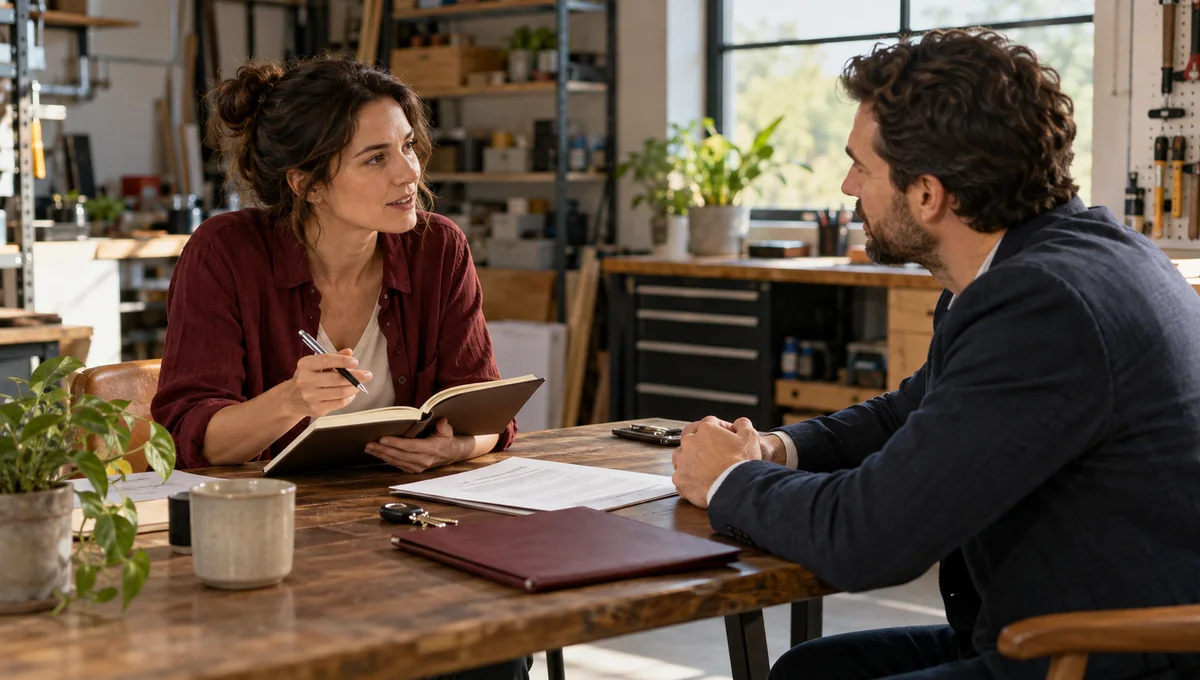 A business owner leading an agency interview with a notebook and written scope for local SEO questions.