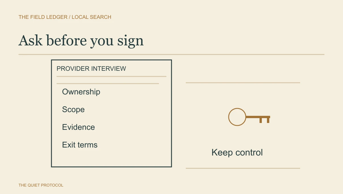 Local SEO agency interview diagram showing an ownership, scope, evidence and exit-terms sheet beside a key.