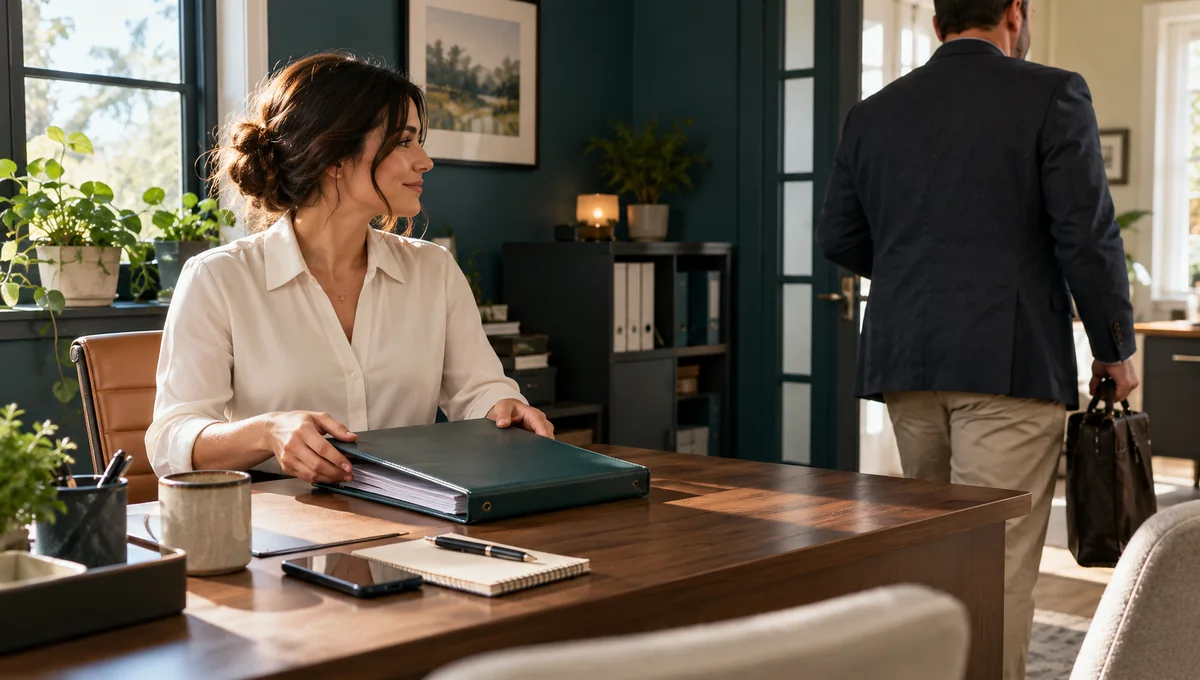 A professional closing a work binder as a visitor leaves, illustrating a natural moment to invite an honest review.