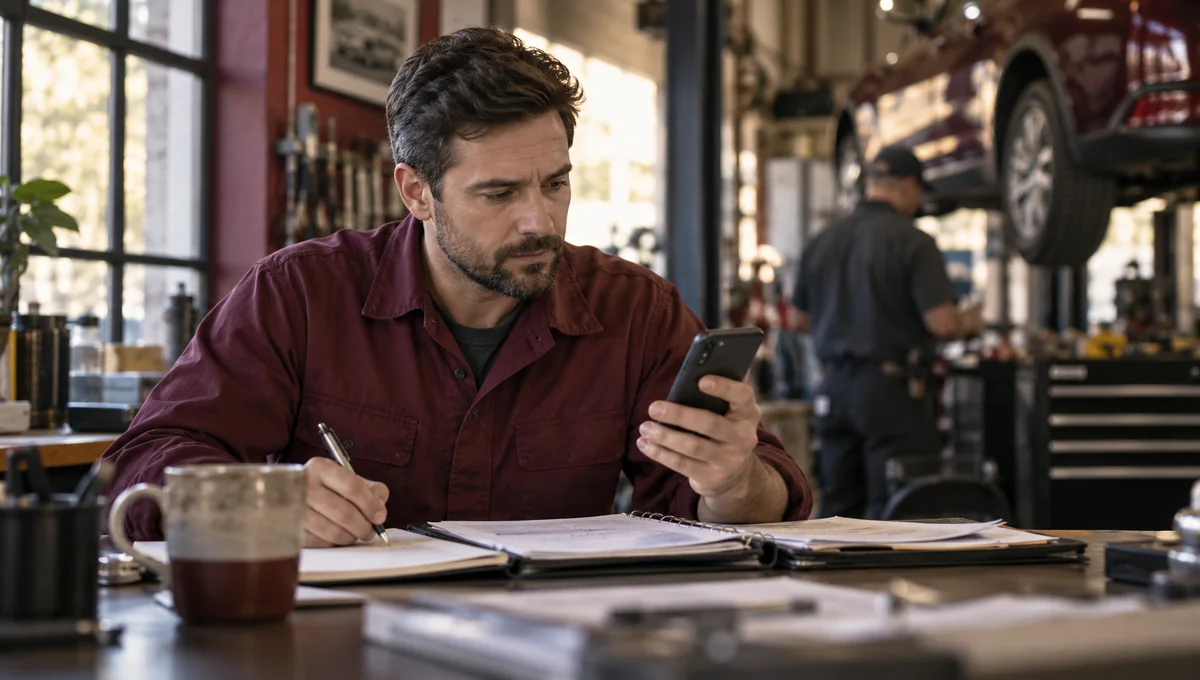 A repair-shop owner looking at a phone beside open work folders and a notebook, illustrating a careful response to criticism.